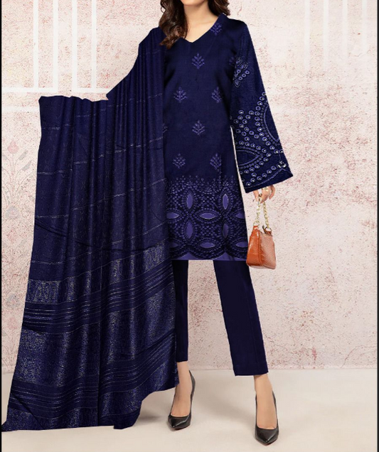 MARIA B Luxe Winter Grace – Blue Embroidered Dhanak 3-Piece Set Design #340