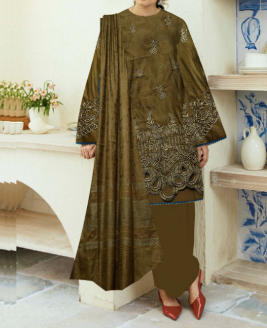 Durefishan Winter 3-Piece Dhanak Chikan Kari Laser Cut Suit with Velvet Dupatta & Dyed Trouser- Design #331