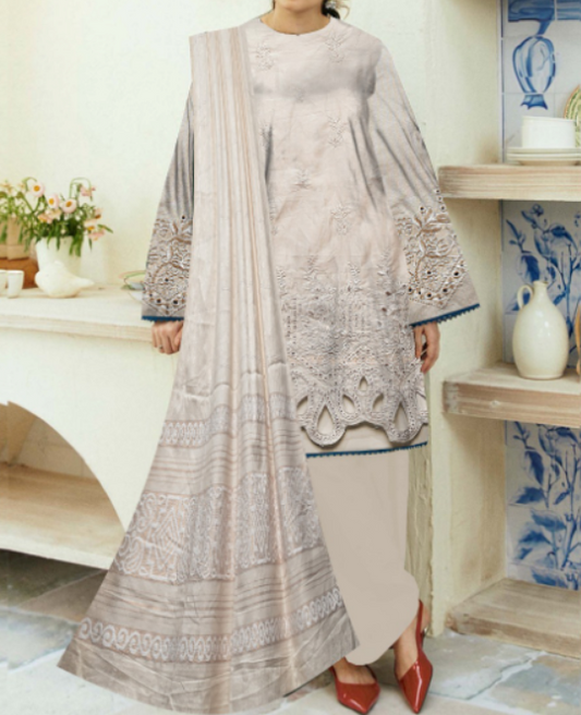 Durefishan Winter 3-Piece Dhanak Chikan Kari Laser Cut Suit with Velvet Dupatta & Dyed Trouser- Design #328