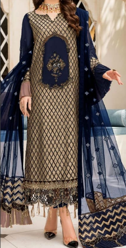 Maryam's 3 Pc Un-Stitched Embroidered Dhanak Blue Dress Set (Shirt, Trouser & Dupatta)