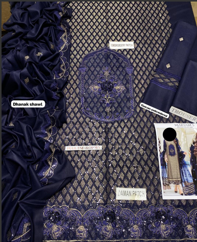 Maryam's 3 Pc Un-Stitched Embroidered Dhanak Blue Dress Set (Shirt, Trouser & Dupatta)