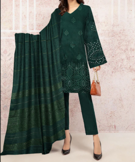 MARIA B Luxe Winter Grace – Green Embroidered Dhanak 3-Piece Set