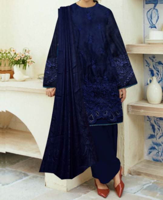 Durefishan Blue Unstitched 3-Piece Embroidered Dhanak Suit with Dupatta & Trouser - Design #332