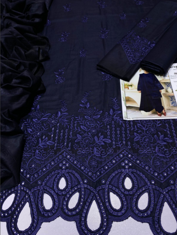 Durefishan Blue Unstitched 3-Piece Embroidered Dhanak Suit with Dupatta & Trouser - Design #332