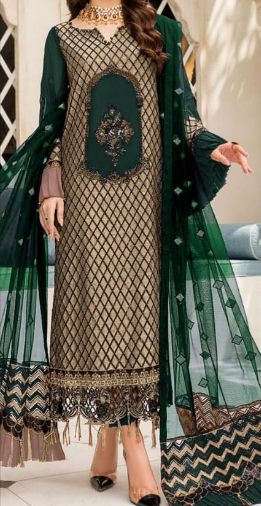 Maryam's 3 Pc Un-Stitched Embroidered Dhanak Green Dress Set (Shirt, Trouser & Dupatta)