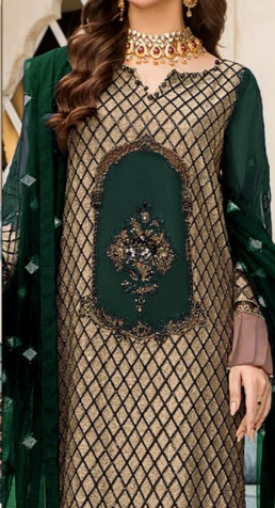 Maryam's 3 Pc Un-Stitched Embroidered Dhanak Green Dress Set (Shirt, Trouser & Dupatta)