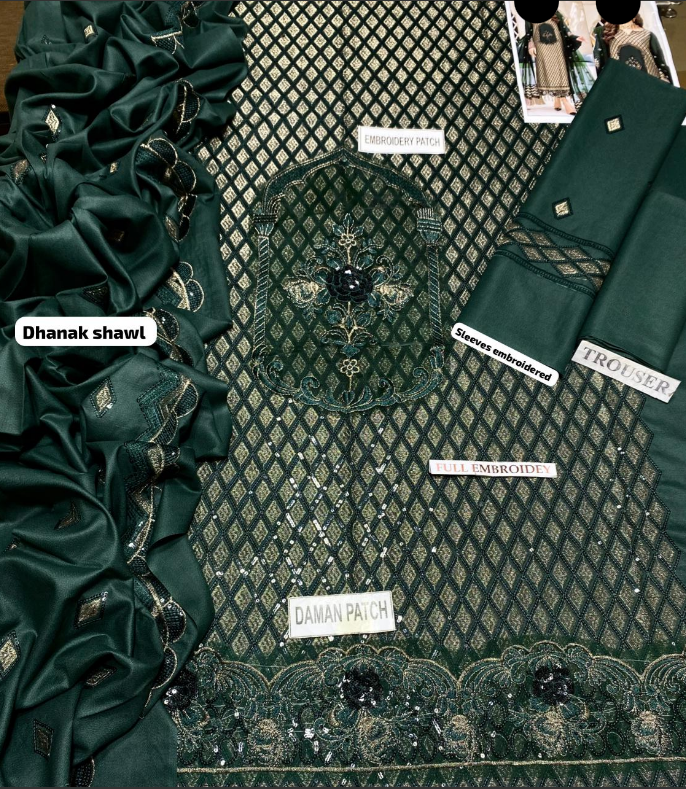 Maryam's 3 Pc Un-Stitched Embroidered Dhanak Green Dress Set (Shirt, Trouser & Dupatta)