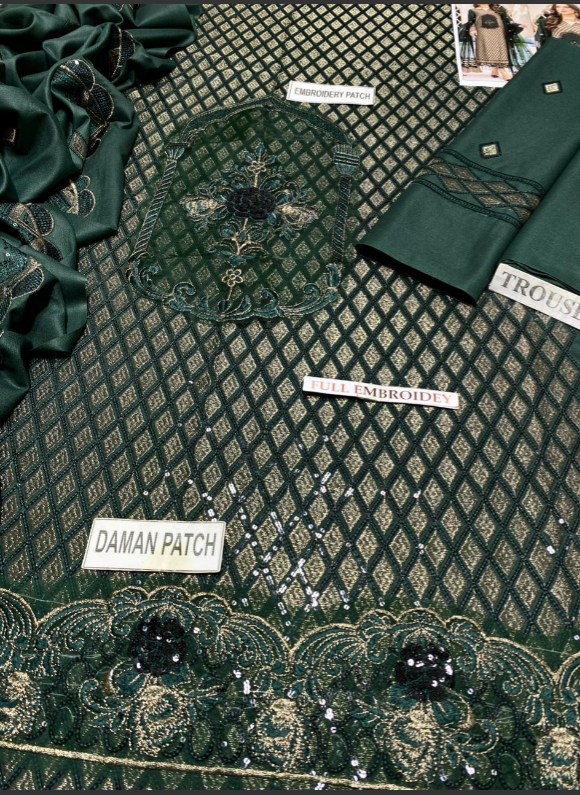 Maryam's 3 Pc Un-Stitched Embroidered Dhanak Green Dress Set (Shirt, Trouser & Dupatta)