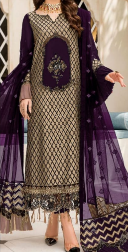 Maryam's 3 Pc Un-Stitched Embroidered Dhanak Purple Dress Set (Shirt, Trouser & Dupatta)