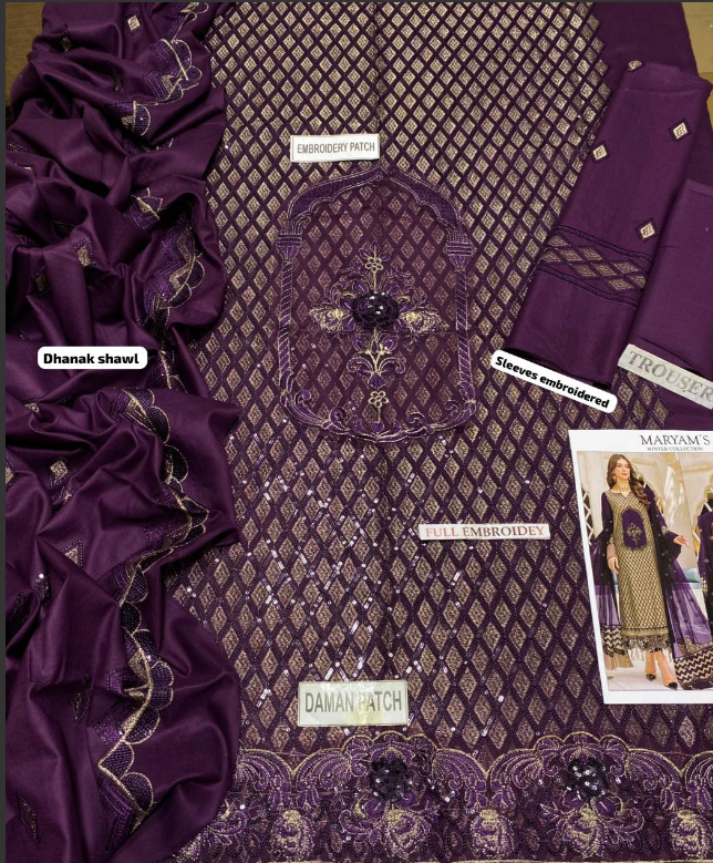 Maryam's 3 Pc Un-Stitched Embroidered Dhanak Purple Dress Set (Shirt, Trouser & Dupatta)