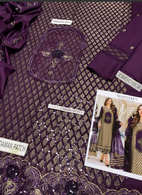 Maryam's 3 Pc Un-Stitched Embroidered Dhanak Purple Dress Set (Shirt, Trouser & Dupatta)